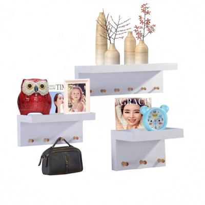 Entryway Multi Function Wood Organization Board with Pockets and Key Hooks floating wall shelf with mail holder